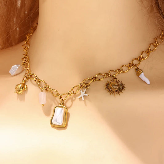 Boho Beach Turtle Starfish Pearl Pendant Gold Charm Necklace - Womens