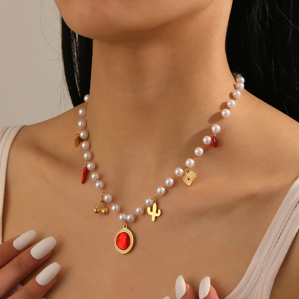 Ruby Cherry Heart Pendant Pearl Necklace - Stainless Steel - Womens