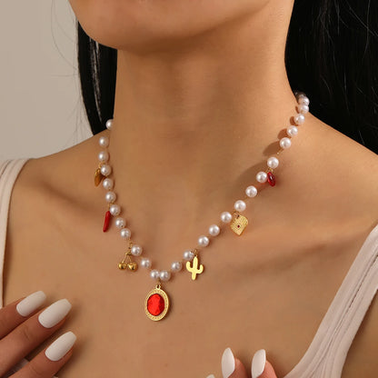 Ruby Cherry Heart Pendant Pearl Necklace - Stainless Steel - Womens
