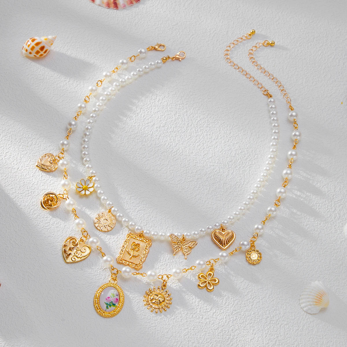 Coquette Heart Butterfly Flower Layered Pearl Pendant Charm Necklace - Womens
