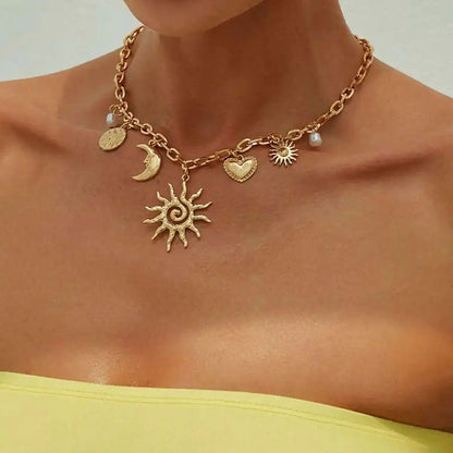 Heart, Sun and Moon Pearl Gold Pendant Charm Necklace - Womens