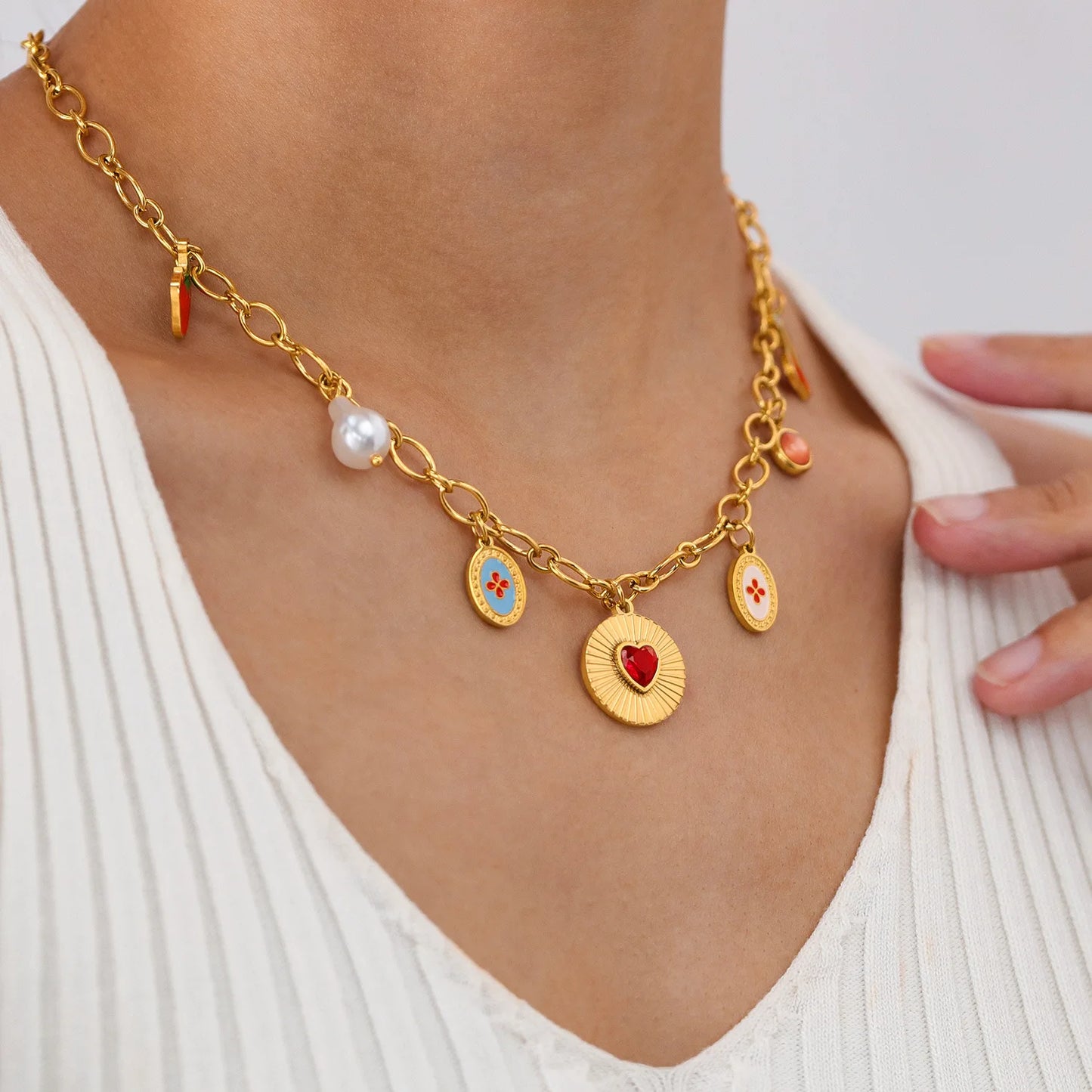 Ruby Strawberry Cherry Pearl Heart Pendant Gold Charm Necklace - Stainless Steel - Womens