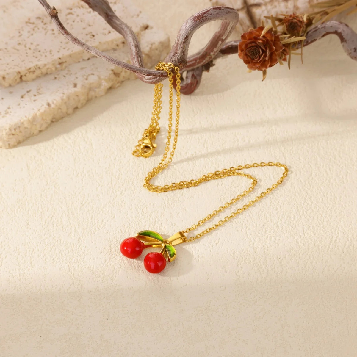 Y2K Red Cherry Gold Pendant Necklace - Womens