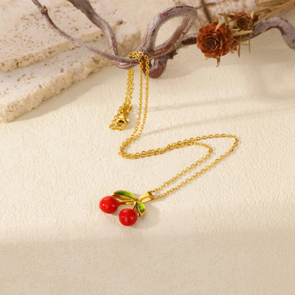 Y2K Red Cherry Gold Pendant Necklace - Womens