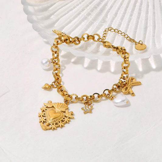 Vintage Bow Star Heart Pendant Pearl Gold Charm Bracelet - Stainless Steel - Womens