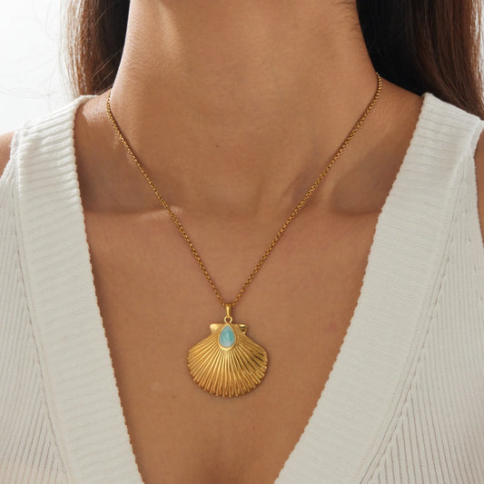 Boho Beach Seashell Turquoise Waterdrop Gold Pendant Necklace - Stainless Steel - Womens