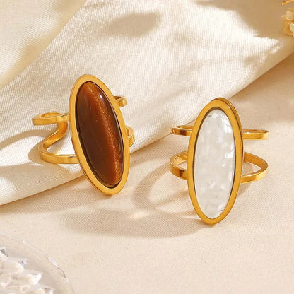 Vintage Boho Oval Pearl Brown Stone Tiger's Eye Ring - Stainless Steel - Womens