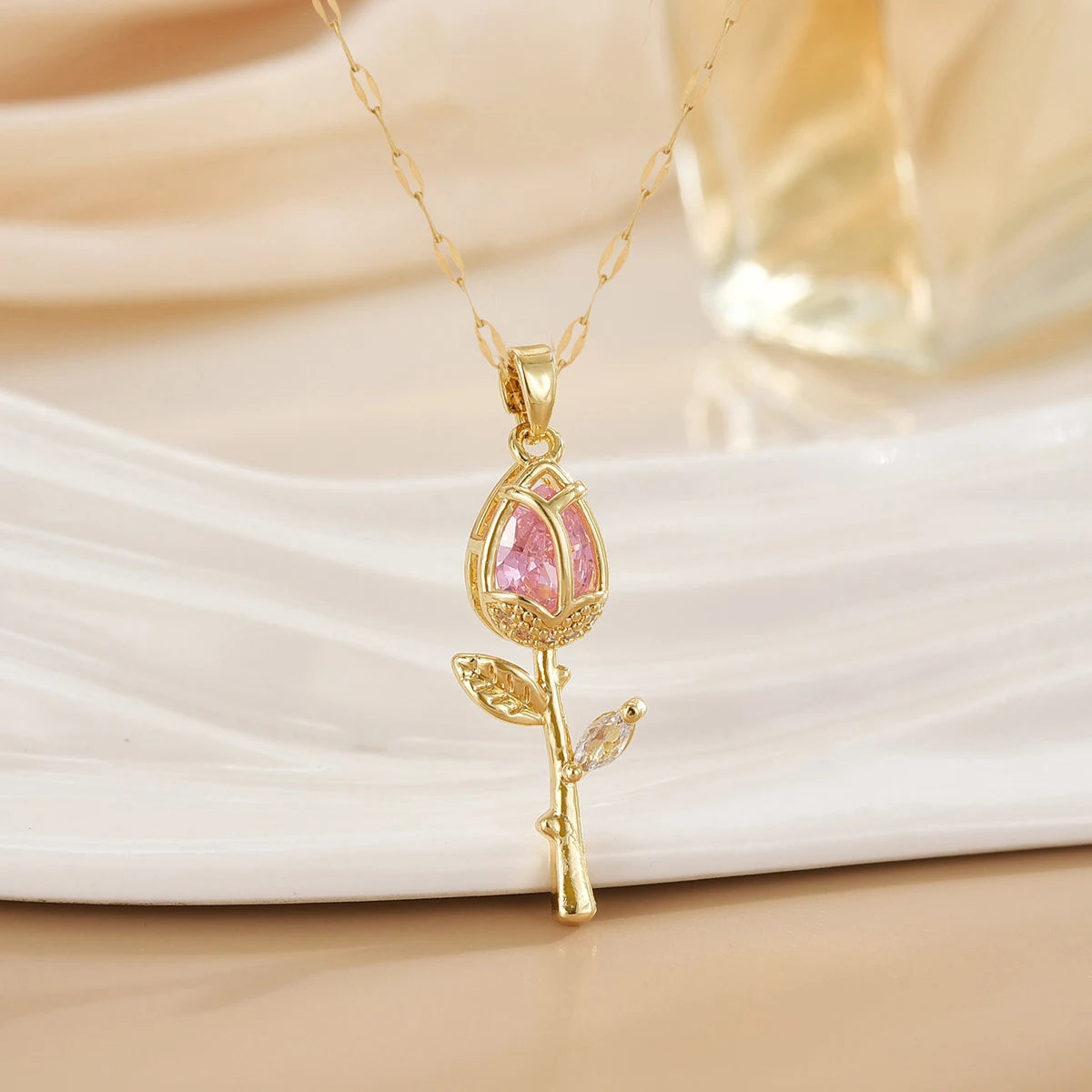 Elegant Zircon Flower Rose Gold Pendant Necklace - Pink & Red - Womens