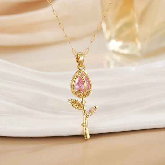 Elegant Zircon Rose Flower Gold Pendant Necklace - Pink & Red - Womens