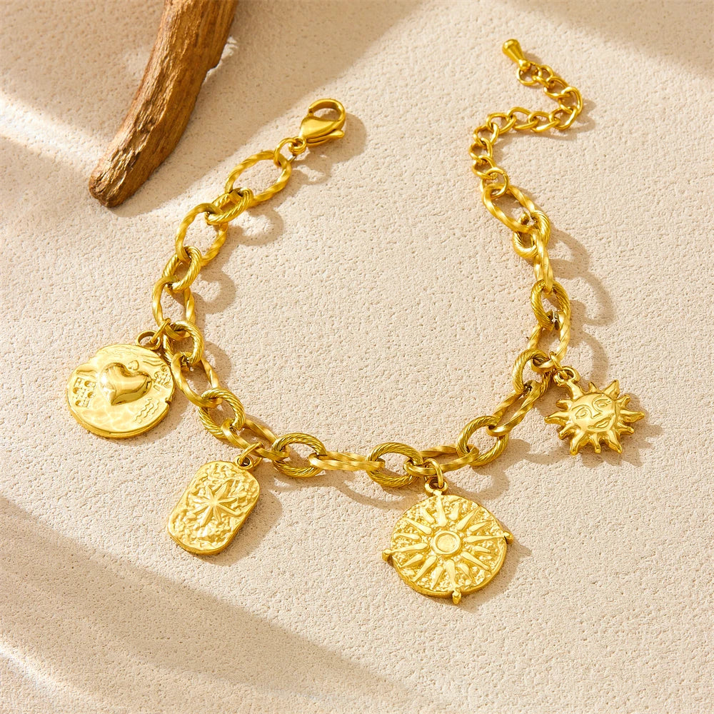 Coquette Sun and Heart Pendant Gold Charm Bracelet - Stainless Steel - Womens