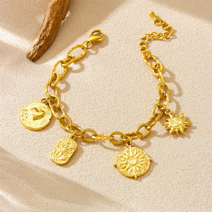 Coquette Sun and Heart Pendant Gold Charm Bracelet - Stainless Steel - Womens