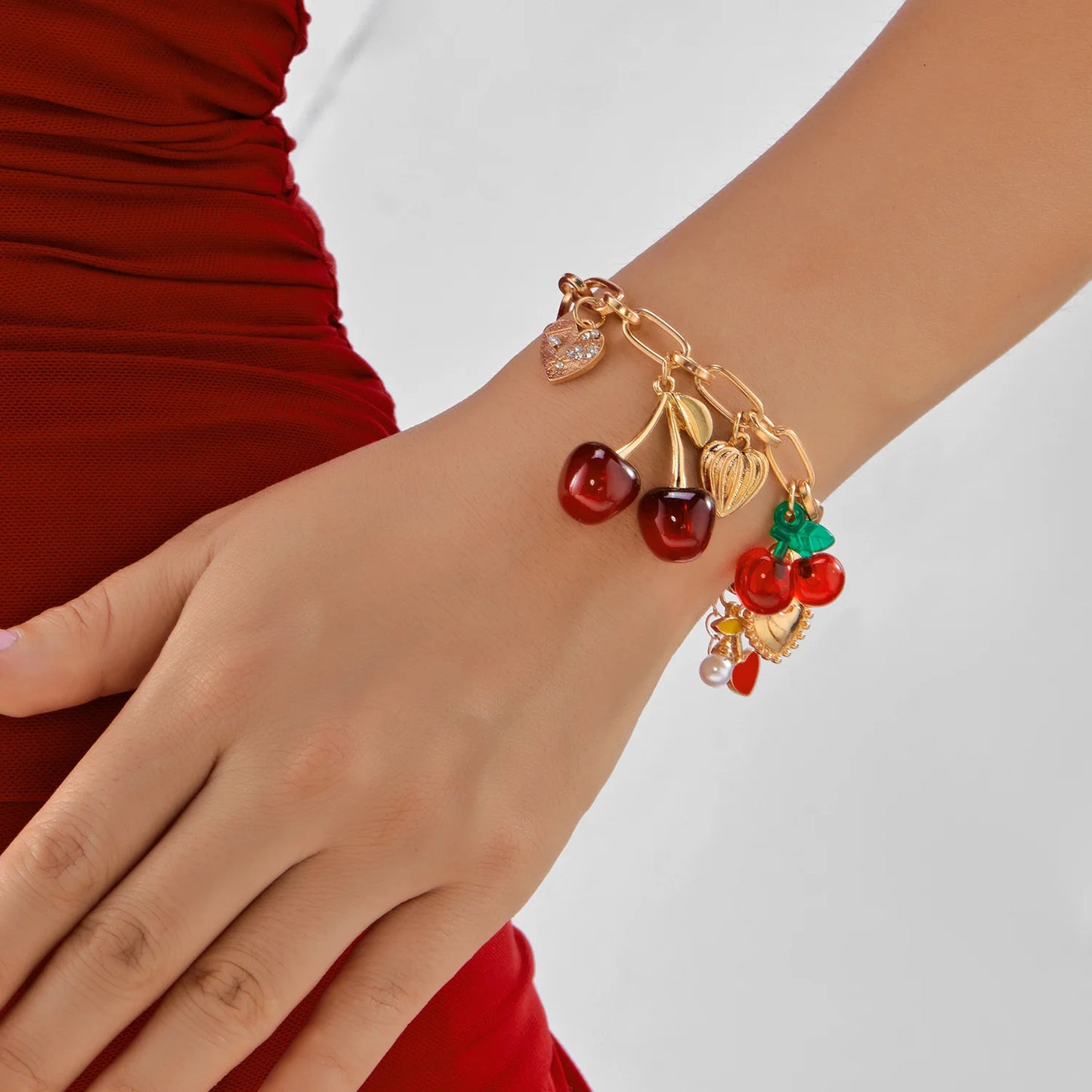 Coquette Cherry, Heart & Bow Gold Adjustable Charm Bracelet - Womens