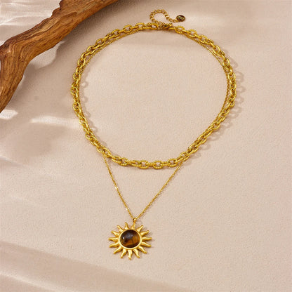 Boho Amber Sun Layered Gold Pendant Necklace - Womens