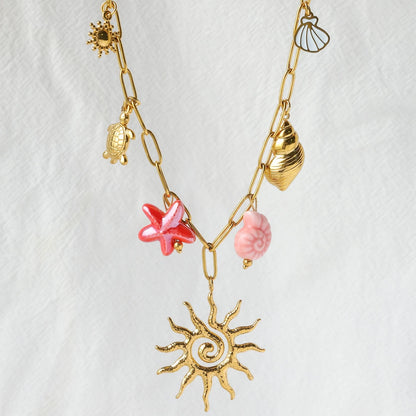 Boho Beach Mermaid Seashell Sun Gold Pendant Charm Necklace - Womens