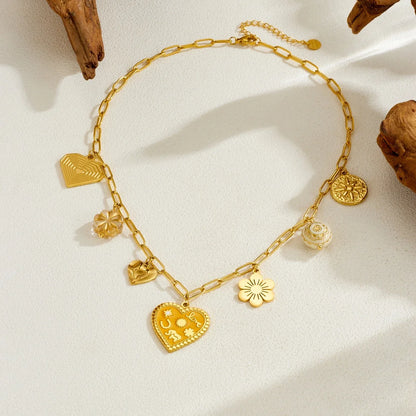 Coquette Heart Flower Sun Gold Pendant Charm Necklace - Womens