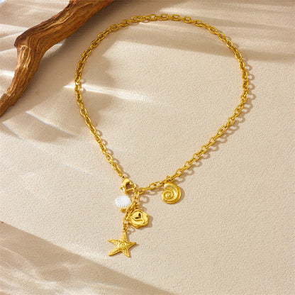 Boho Beach Starfish Conch Seashell Gold Lariat Pendant Charm Necklace - Womens