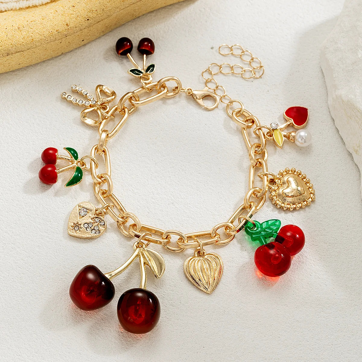 Coquette Cherry, Heart & Bow Gold Adjustable Charm Bracelet - Womens