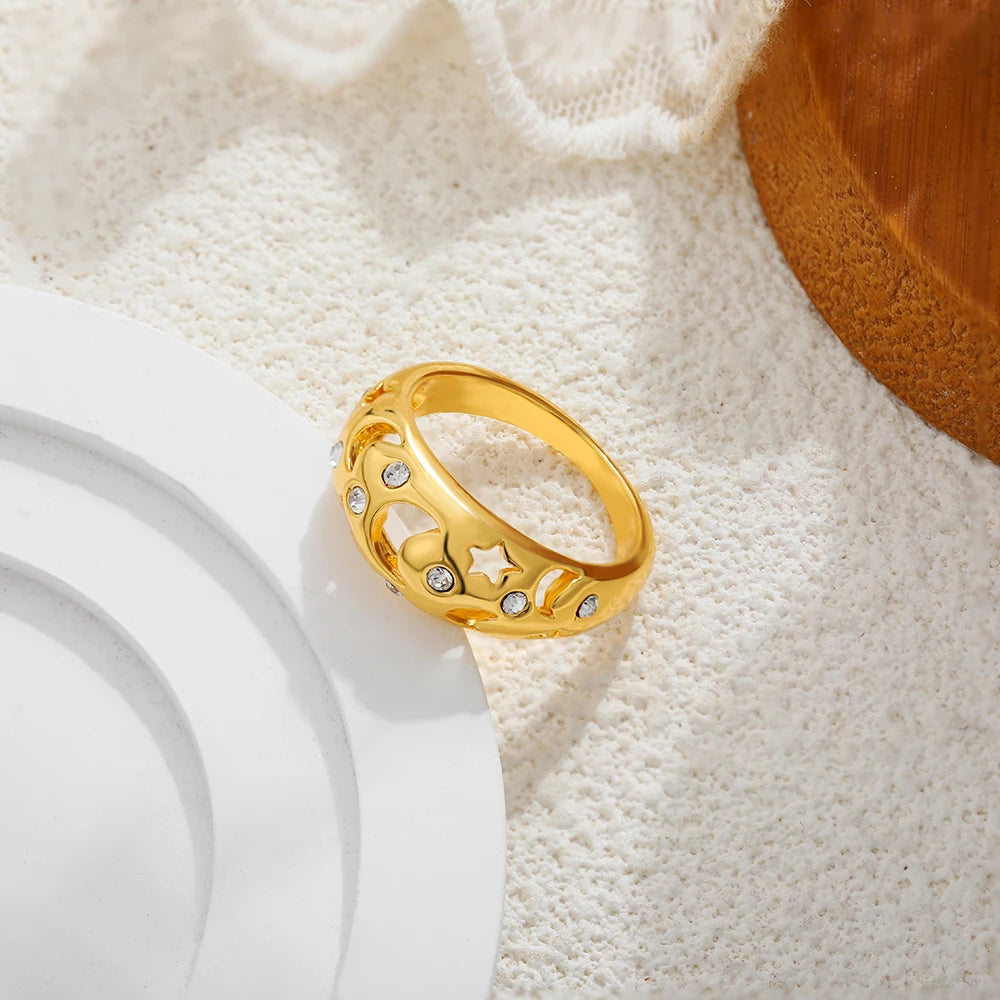 Cubic Zirconia Hollow Star Moon Gold Ring - Womens