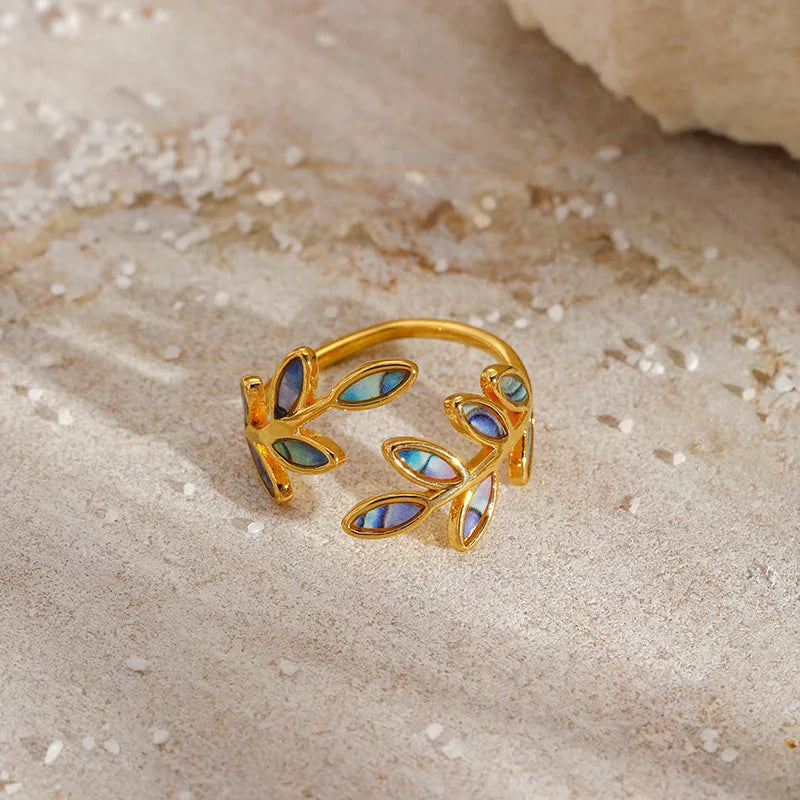Dainty Vintage Enamel Leaf Open Gold Ring - Adjustable - Stainless Steel - Womens