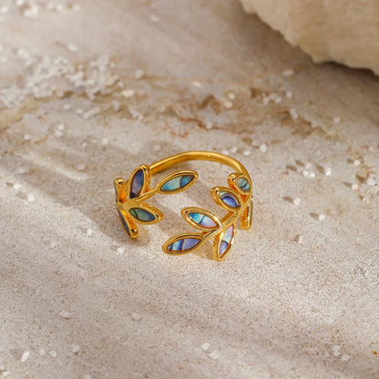 Dainty Vintage Enamel Leaf Open Gold Ring - Adjustable - Stainless Steel - Womens
