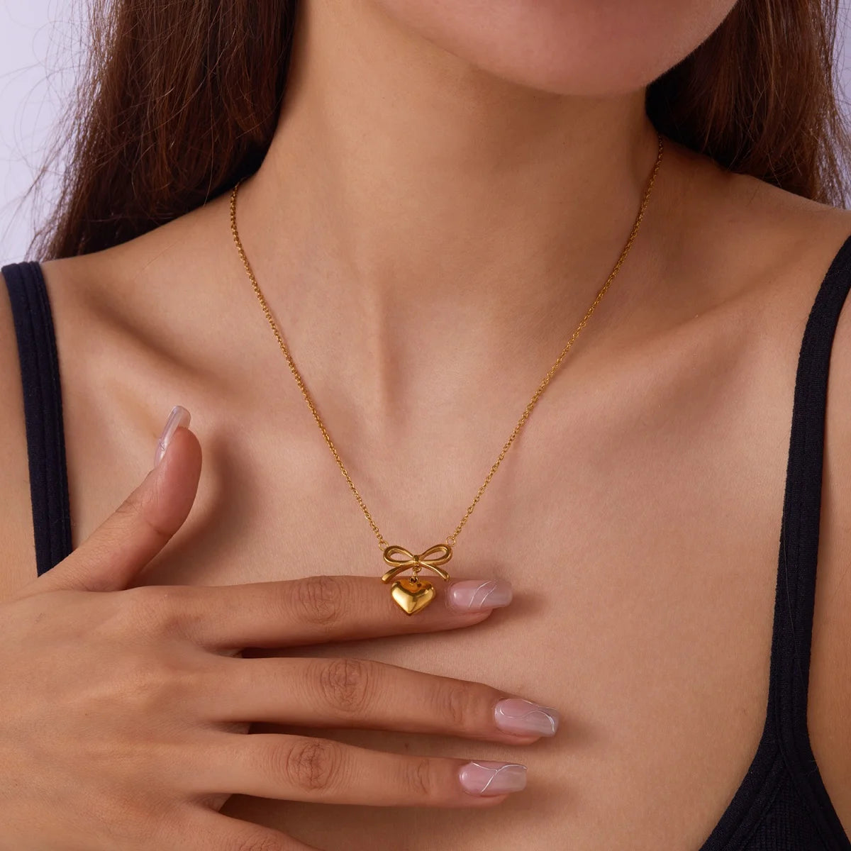 Dainty Coquette Aesthetic Heart and Bow Gold Pendant Necklace - Womens