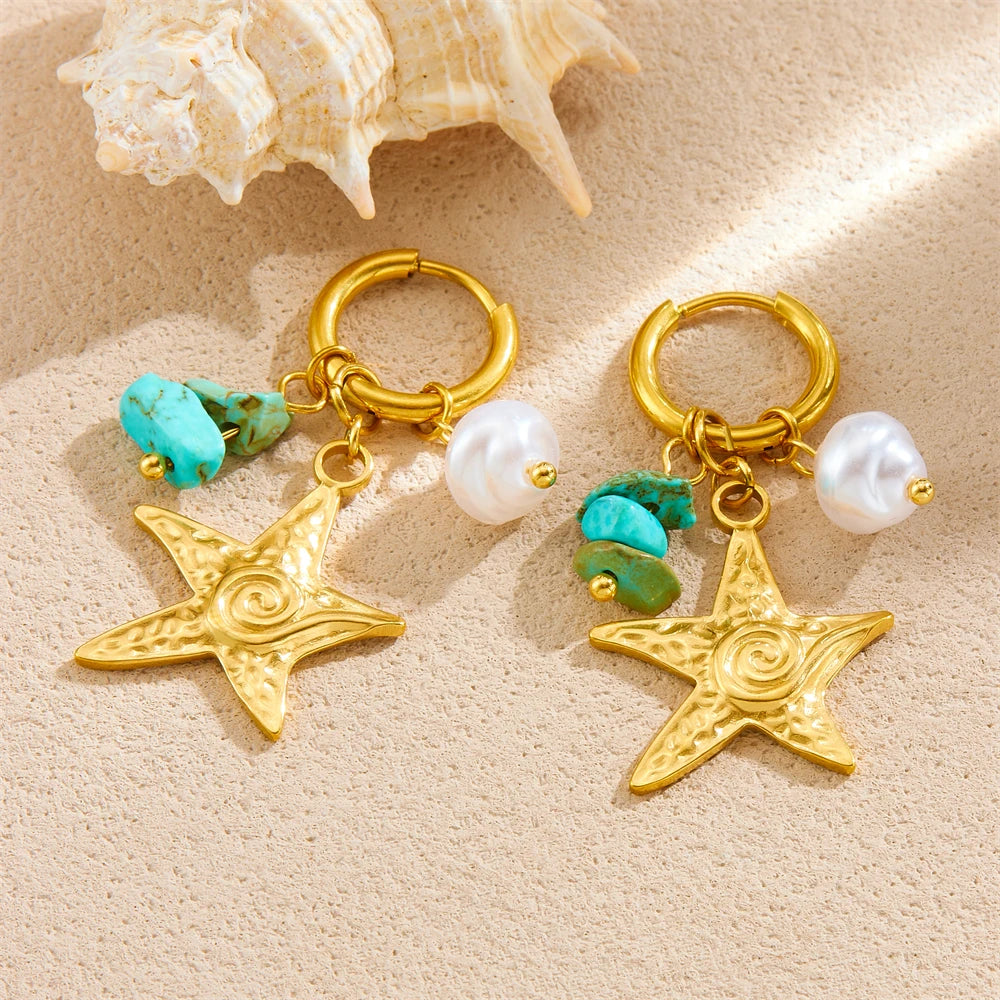 Boho Beach Turquoise Pearl Gold Starfish Earrings - Womens