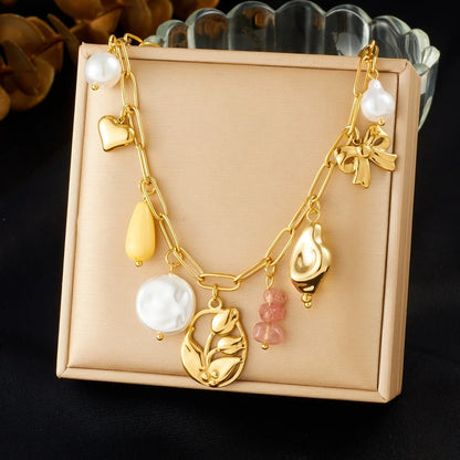 Vintage Pearl Rose Heart and Bow Gold Charm Pendant Necklace - Womens