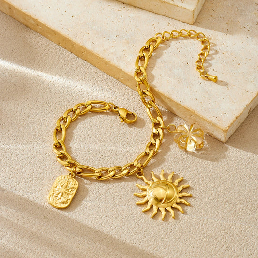 Coquette Sun Pendant Crystal Flower Gold Charm Bracelet - Stainless Steel - Womens