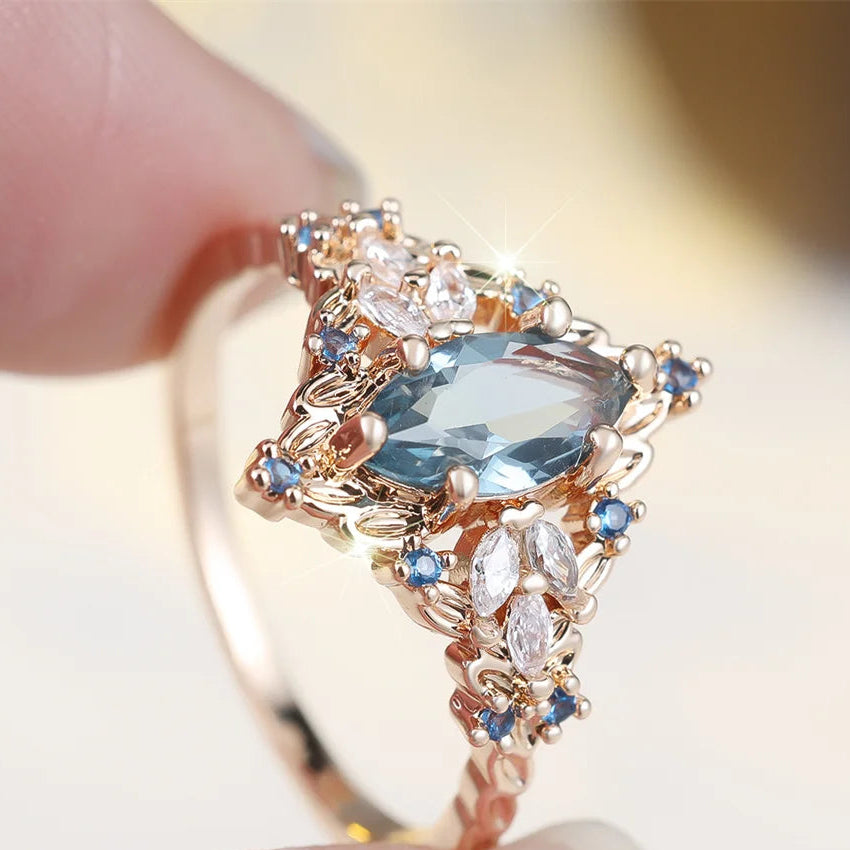 Vintage Princess Oval Stone Blue Crystal Marquise Ring - Womens