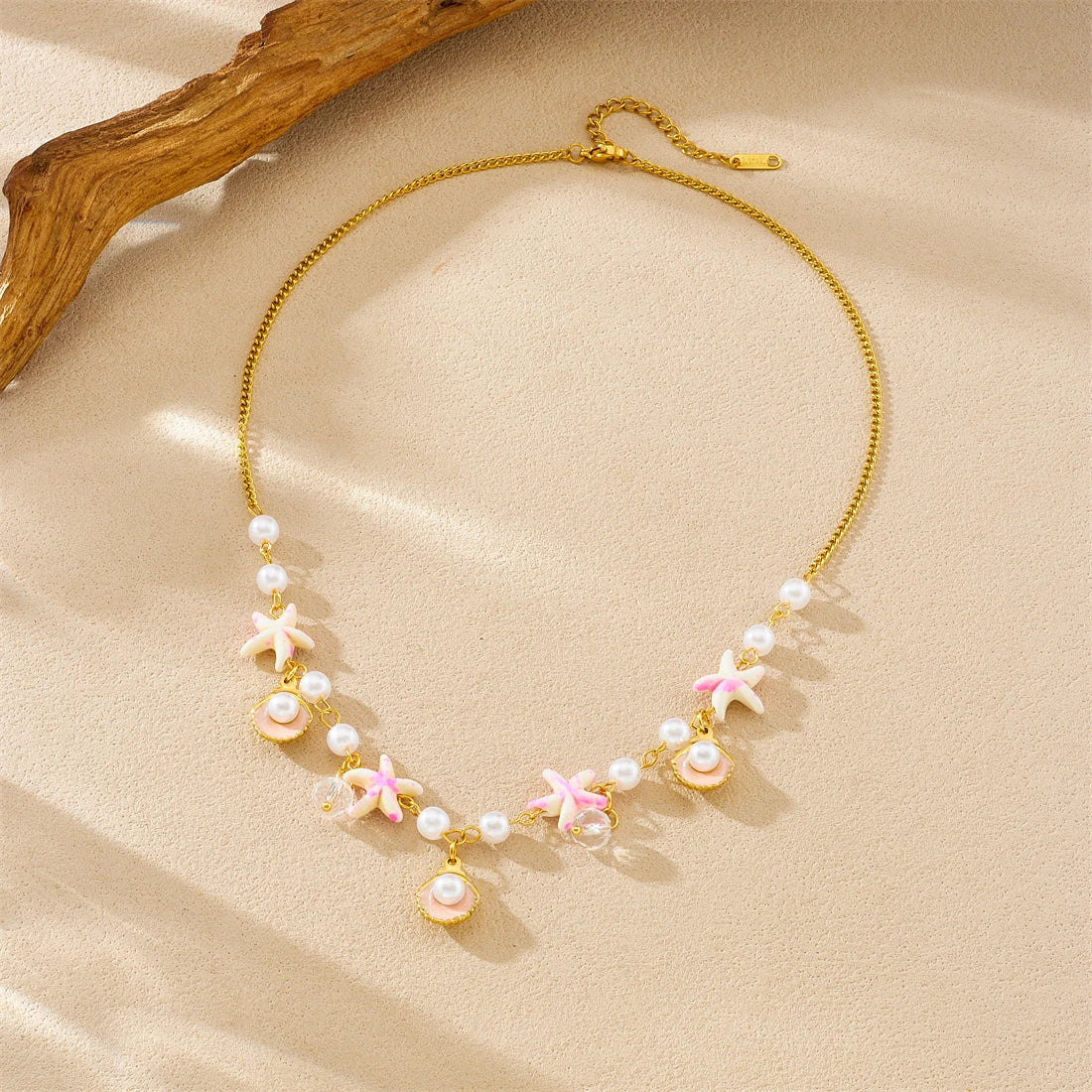 Beach Scallop Shell Starfish Pearl Gold Charm Necklace - Womens
