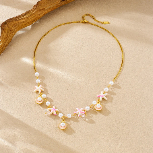 Beach Scallop Shell Starfish Pearl Gold Charm Necklace - Womens
