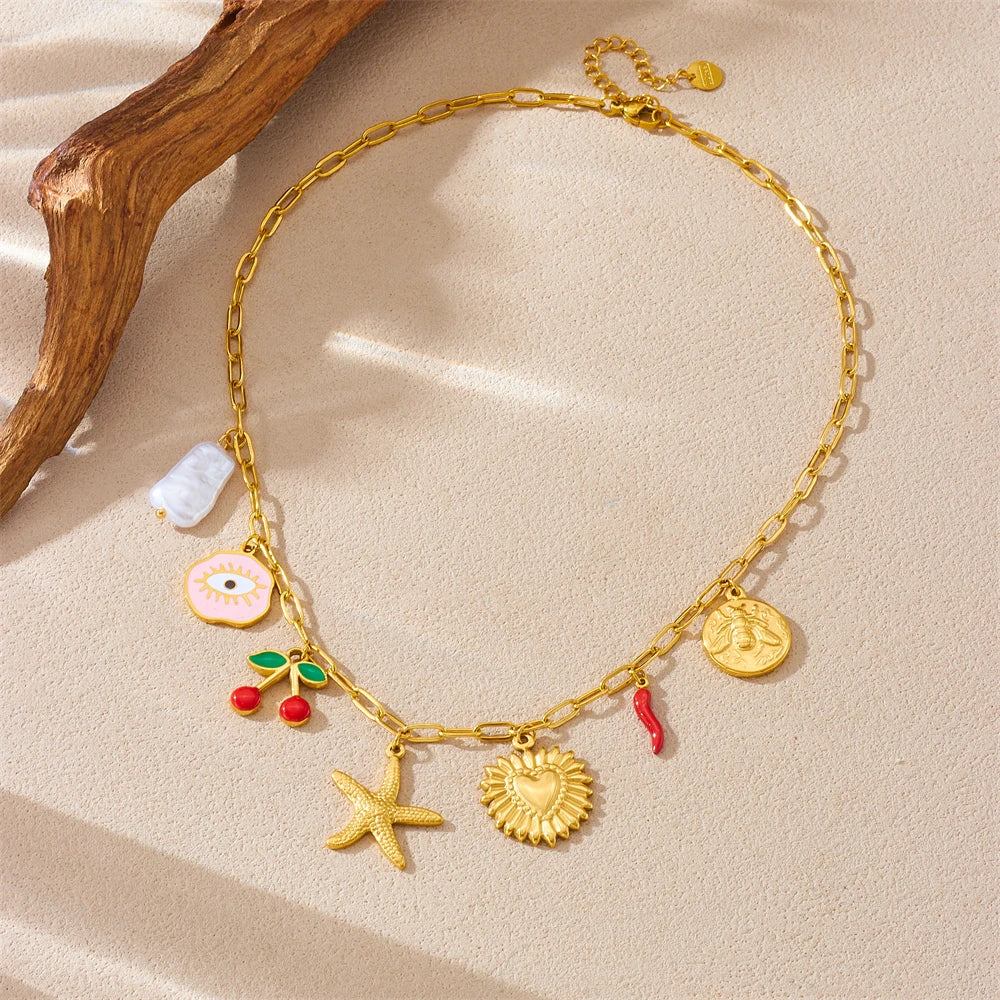 Starfish Cherry Pearl Evil Eye Heart Pendant Gold Charm Necklace - Stainless Steel - Womens