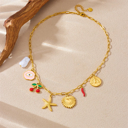 Starfish Cherry Pearl Evil Eye Heart Pendant Gold Charm Necklace - Stainless Steel - Womens