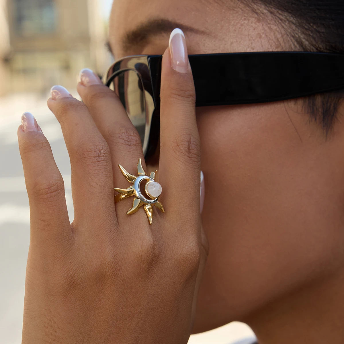 Two-Tone Sun Moonstone Adjustable Ring - Gold & Silver - Womens