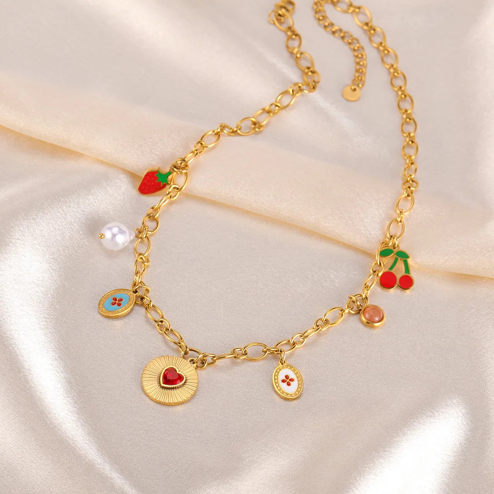 Ruby Strawberry Cherry Pearl Heart Pendant Gold Charm Necklace - Stainless Steel - Womens