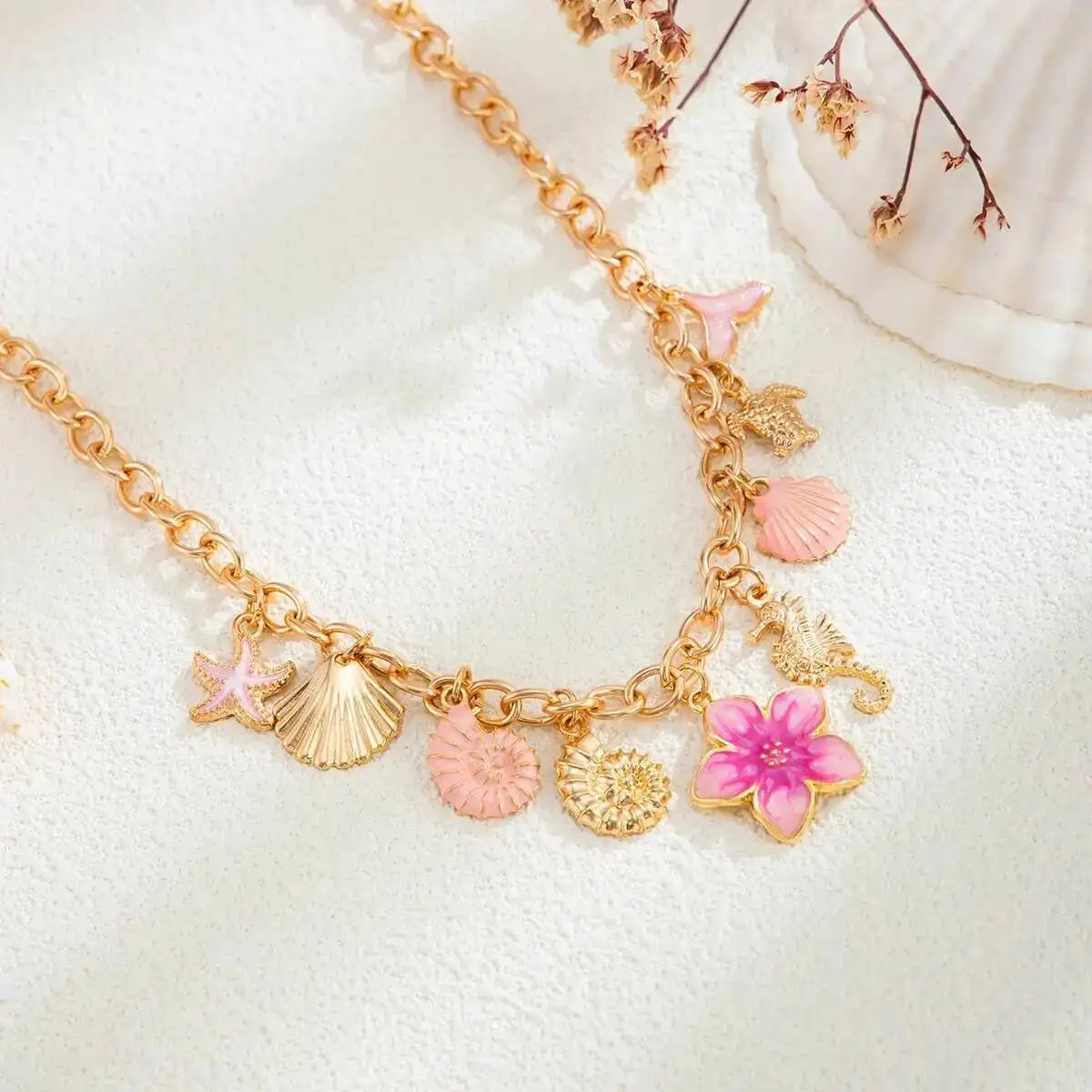 Boho Beach Pink Conch Shell Flower Pendant Gold Charm Necklace - Adjustable - Womens