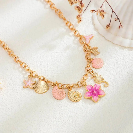 Boho Beach Pink Conch Shell Flower Pendant Gold Charm Necklace - Adjustable - Womens