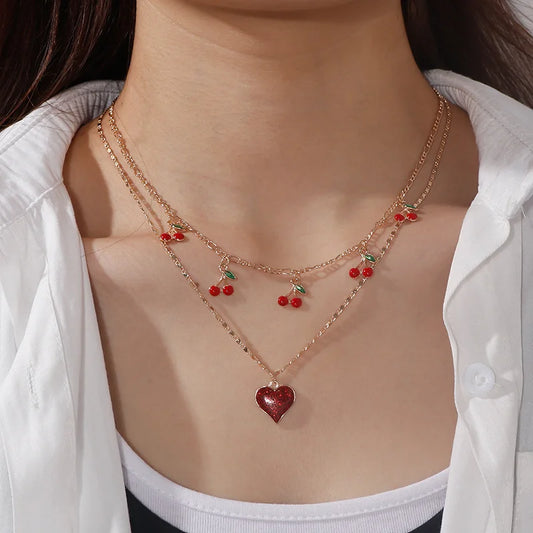 Boho Cherry Red Heart Pendant Gold Charm Necklace - Womens
