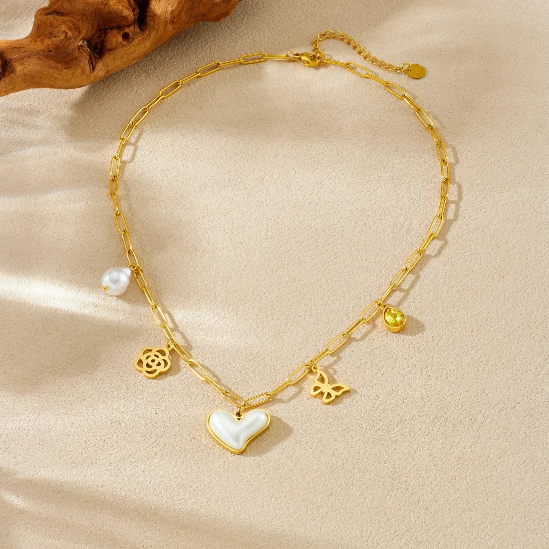 Coquette Pearl Heart Flower Butterfly Gold Pendant Charm Necklace - Womens