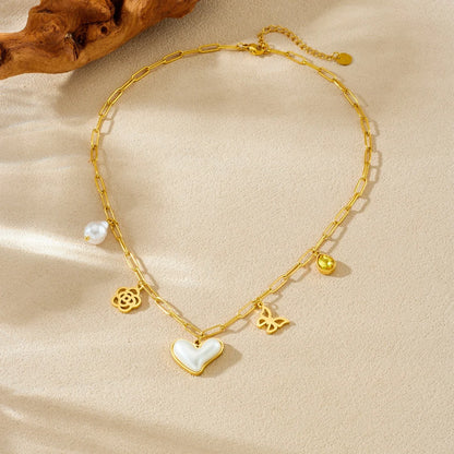 Coquette Pearl Heart Flower Butterfly Gold Pendant Charm Necklace - Womens