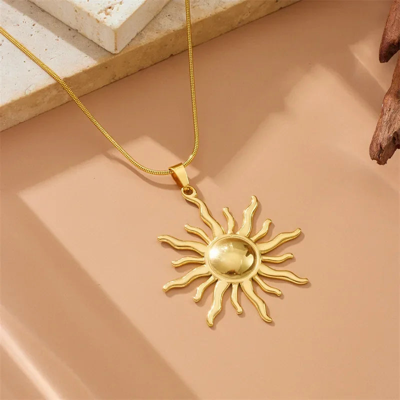 Boho Sun Pendant Gold Charm Necklace - Womens