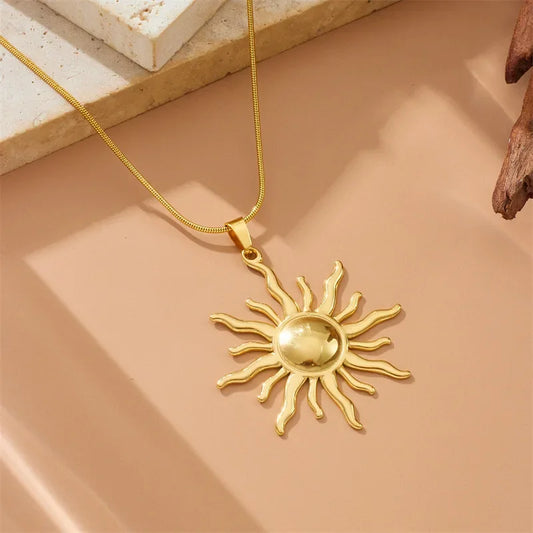 Boho Sun Pendant Gold Charm Necklace - Womens