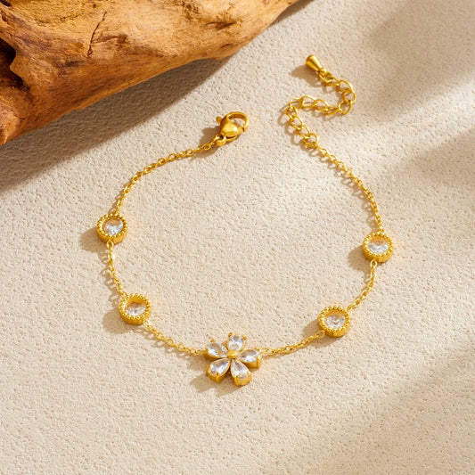 Zircon Crystal Flower Pendant Gold Charm Bracelet - Stainless Steel - Womens