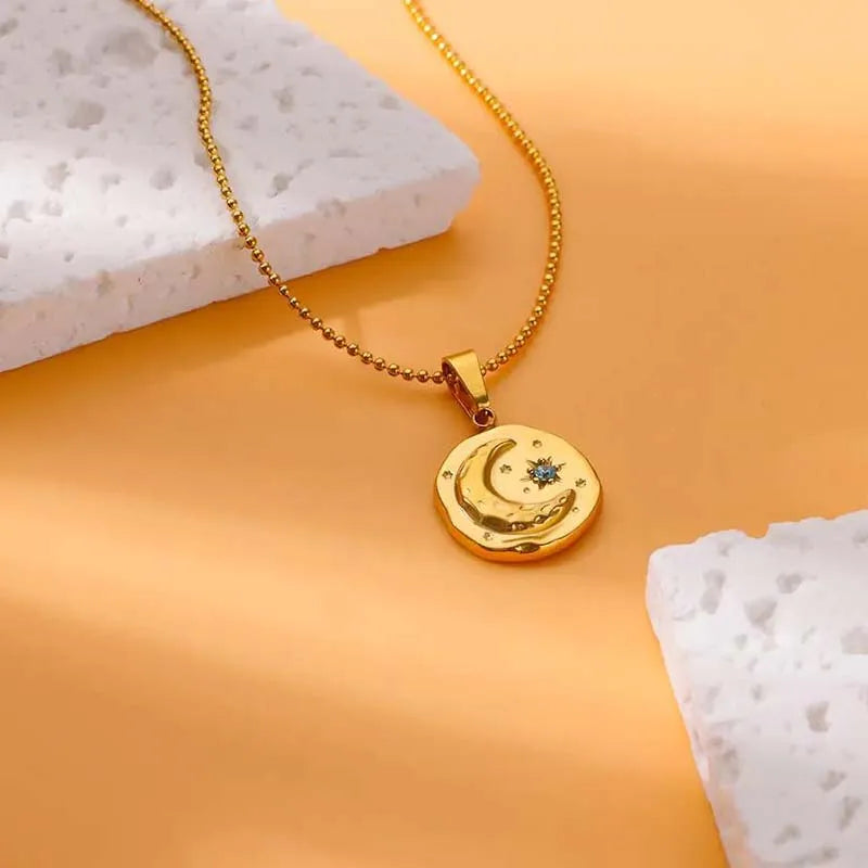 Blue Zircon Moon and Star Pendant Gold Charm Necklace - Stainless Steel - Womens