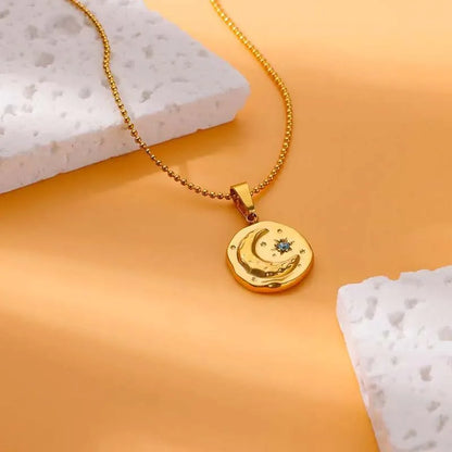 Blue Zircon Moon and Star Pendant Gold Charm Necklace - Stainless Steel - Womens