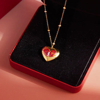 Red Zircon Heart Bead Gold Pendant Valentine's Gift Necklace - Womens
