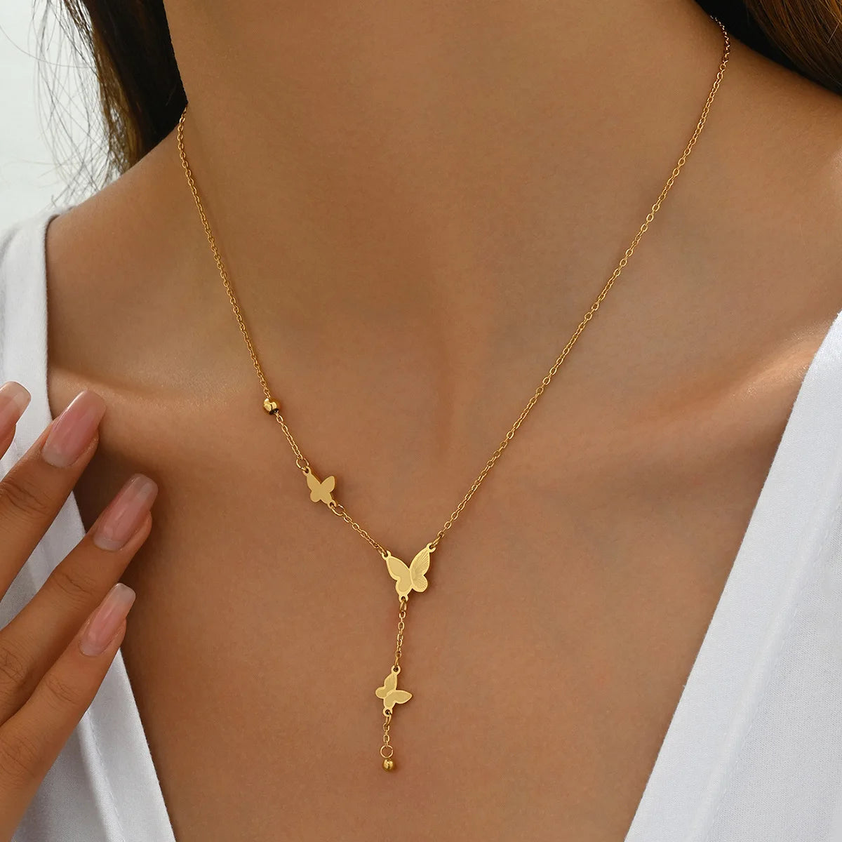 Y2K Gold Butterfly Charm Lariat Necklace - Womens