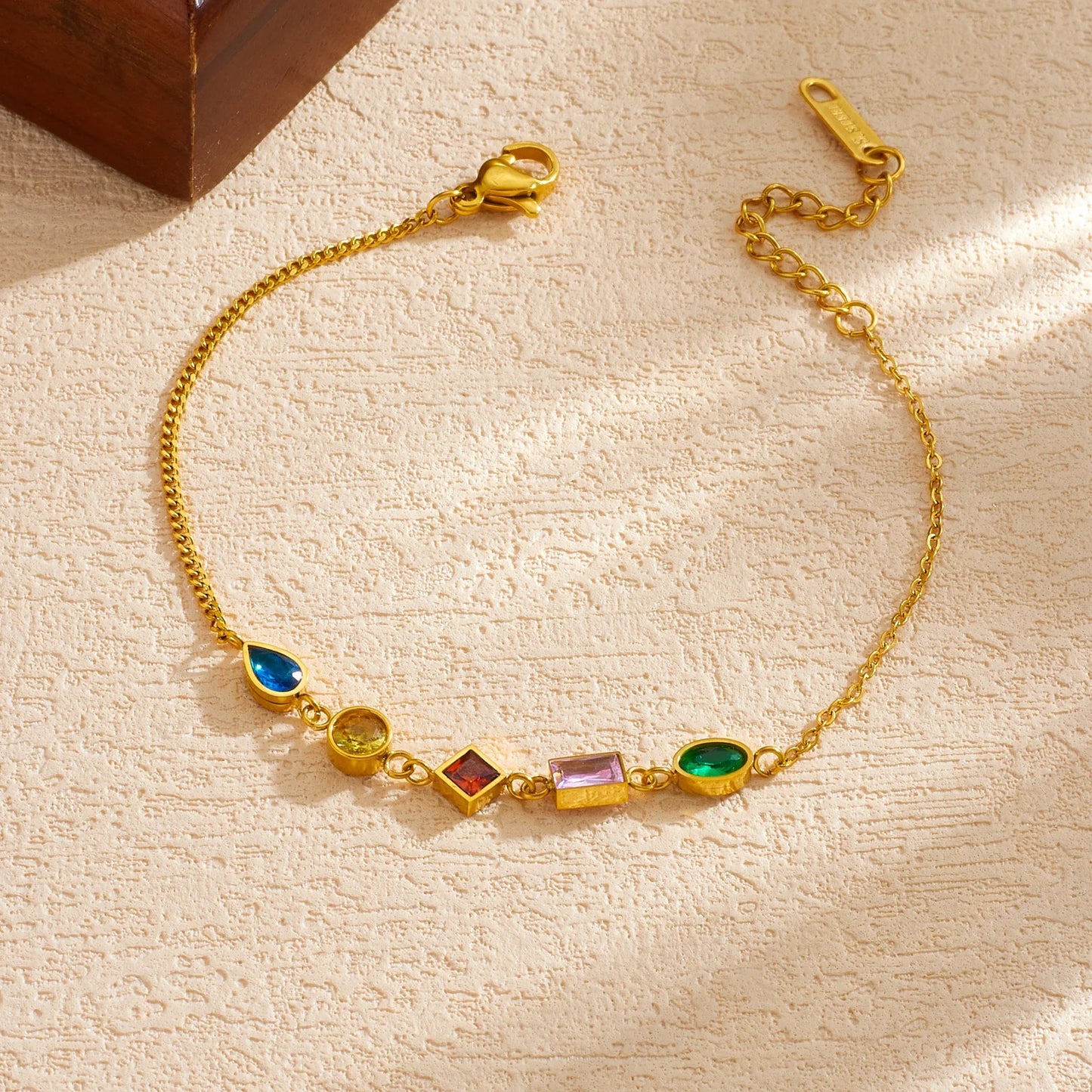 Crystal Rainbow Gemstone Gold Charm Bracelet - Stainless Steel - Womens