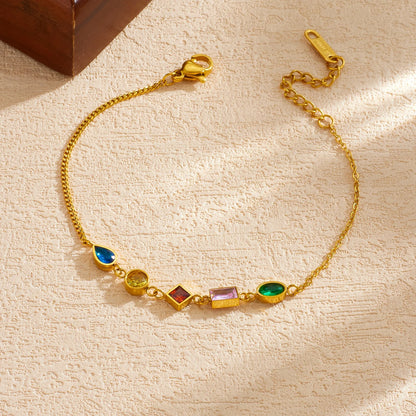 Crystal Rainbow Gemstone Gold Charm Bracelet - Stainless Steel - Womens