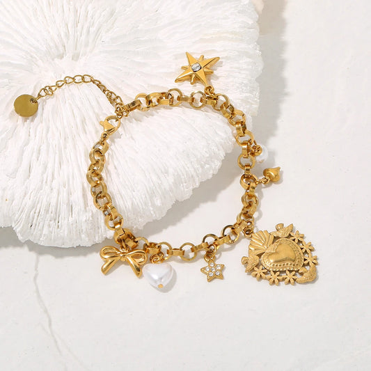 Vintage Bow Star Heart Pendant Pearl Gold Charm Bracelet - Stainless Steel - Womens